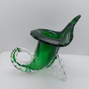 Vintage Murano Art Glass Cornucopia 7" Vase Emerald Green Glass